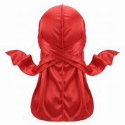 Premium Toronto Red Silk Durag - premium heavy silky durag back view showing wrap straps, tail and stitching