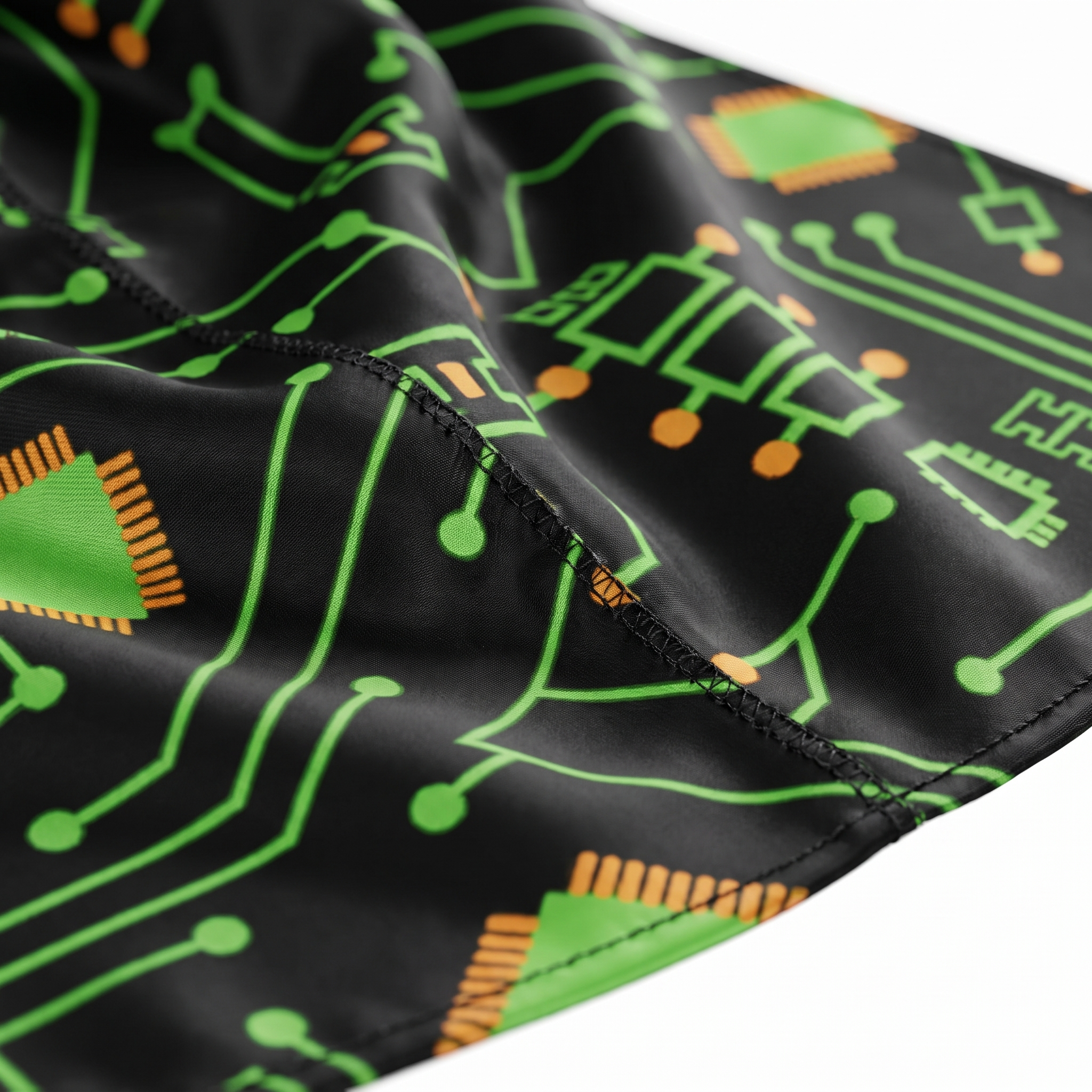 Digital Black pixel Satin Silky Durag fabric close-up showing Digital Black pixel print and stitching detail