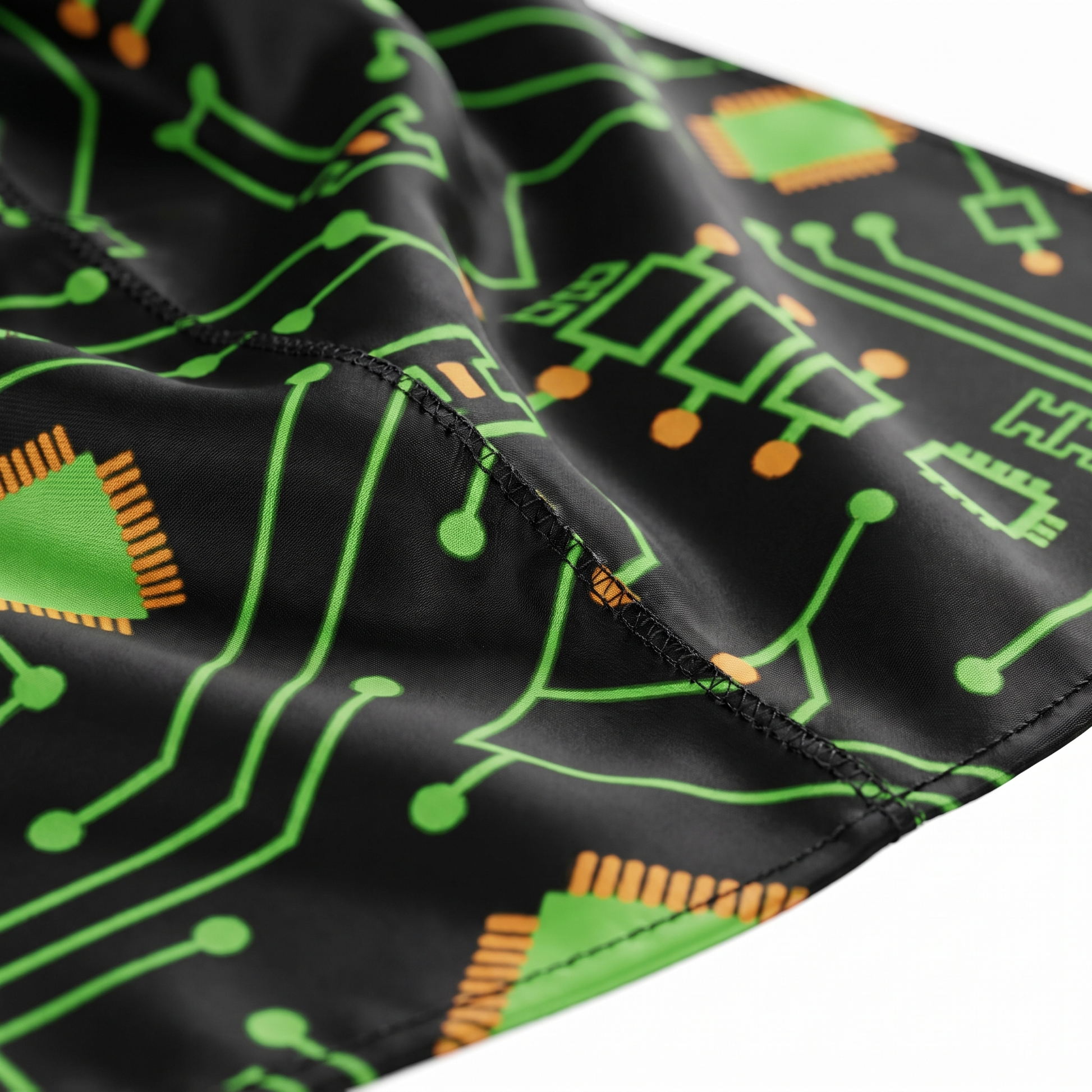 Digital Black pixel Satin Silky Durag fabric close-up showing Digital Black pixel print and stitching detail