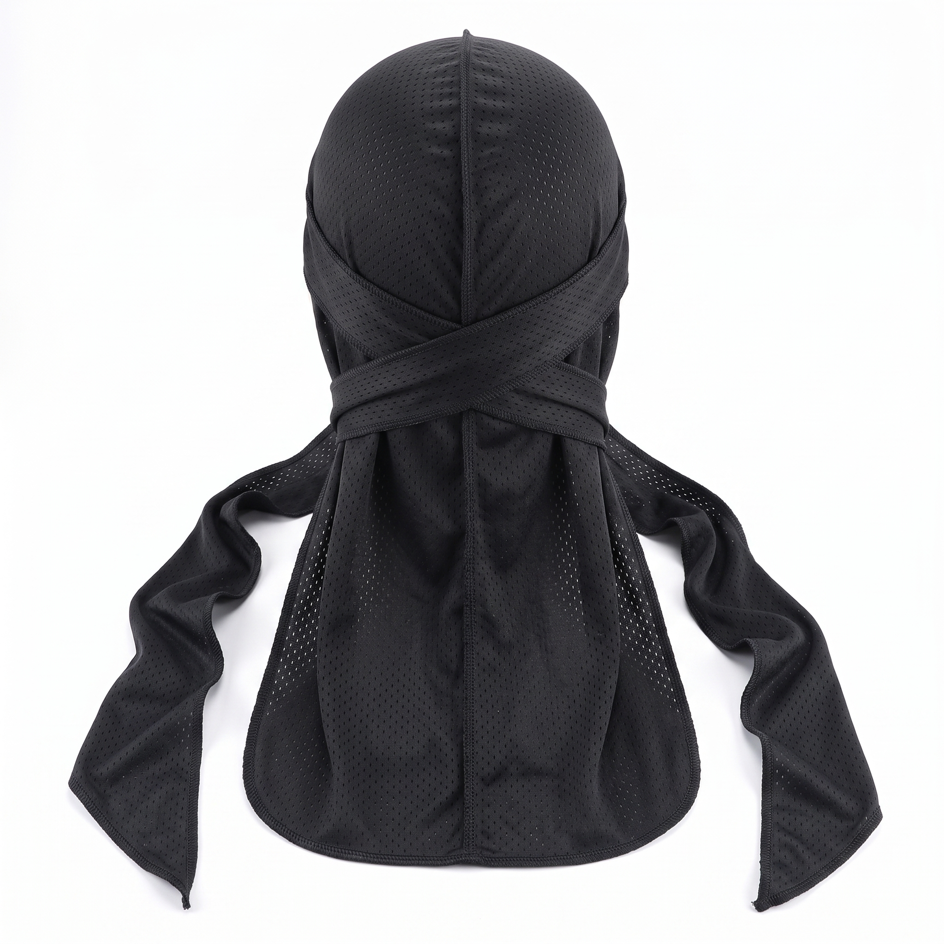 Athletic Mesh Black Durag - premium durag back view showing wrap straps, tail and stitching