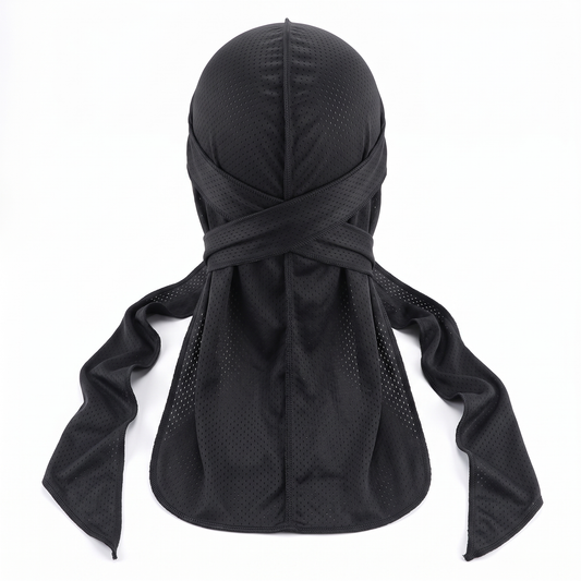 Athletic Mesh Black Durag - premium durag back view showing wrap straps, tail and stitching