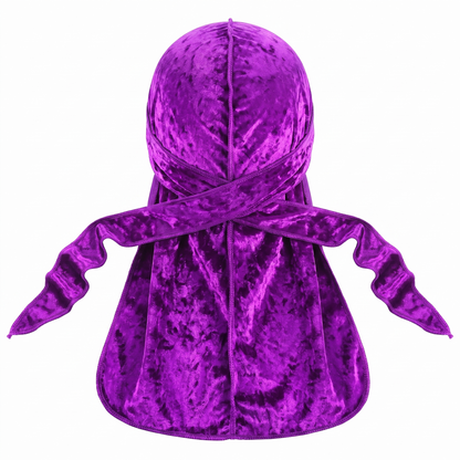 Premium Crushed Velvet Purple Durag - premium velvet durag back view showing wrap straps, tail and stitching