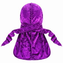 Premium Crushed Velvet Purple Durag - premium velvet durag back view showing wrap straps, tail and stitching