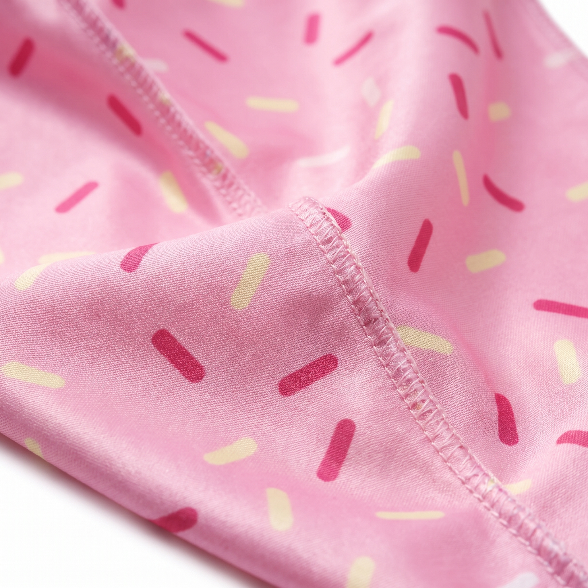 Dark pink ice cream sprinkle Satin Silky Durag fabric close-up showing Dark pink ice cream sprinkle print and stitching detail