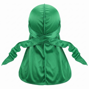 Premium Silk Durag Green - premium heavy silky durag back view showing wrap straps, tail and stitching