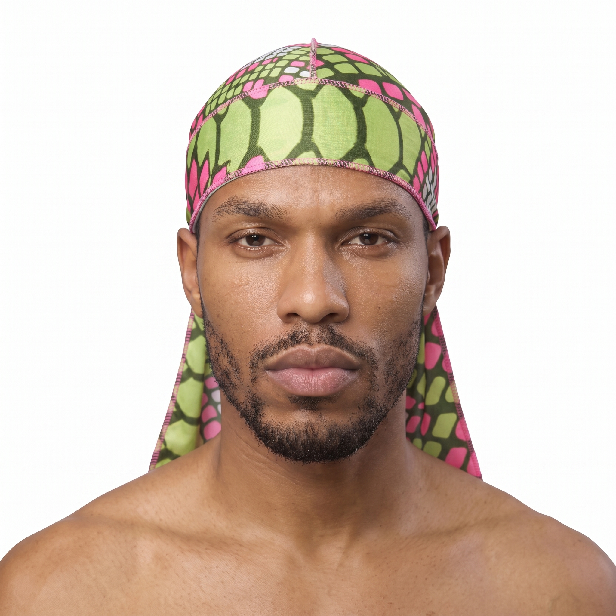 Olive and Pink reptile snakeskin Satin Silky Durag worn by male model, front view on white background