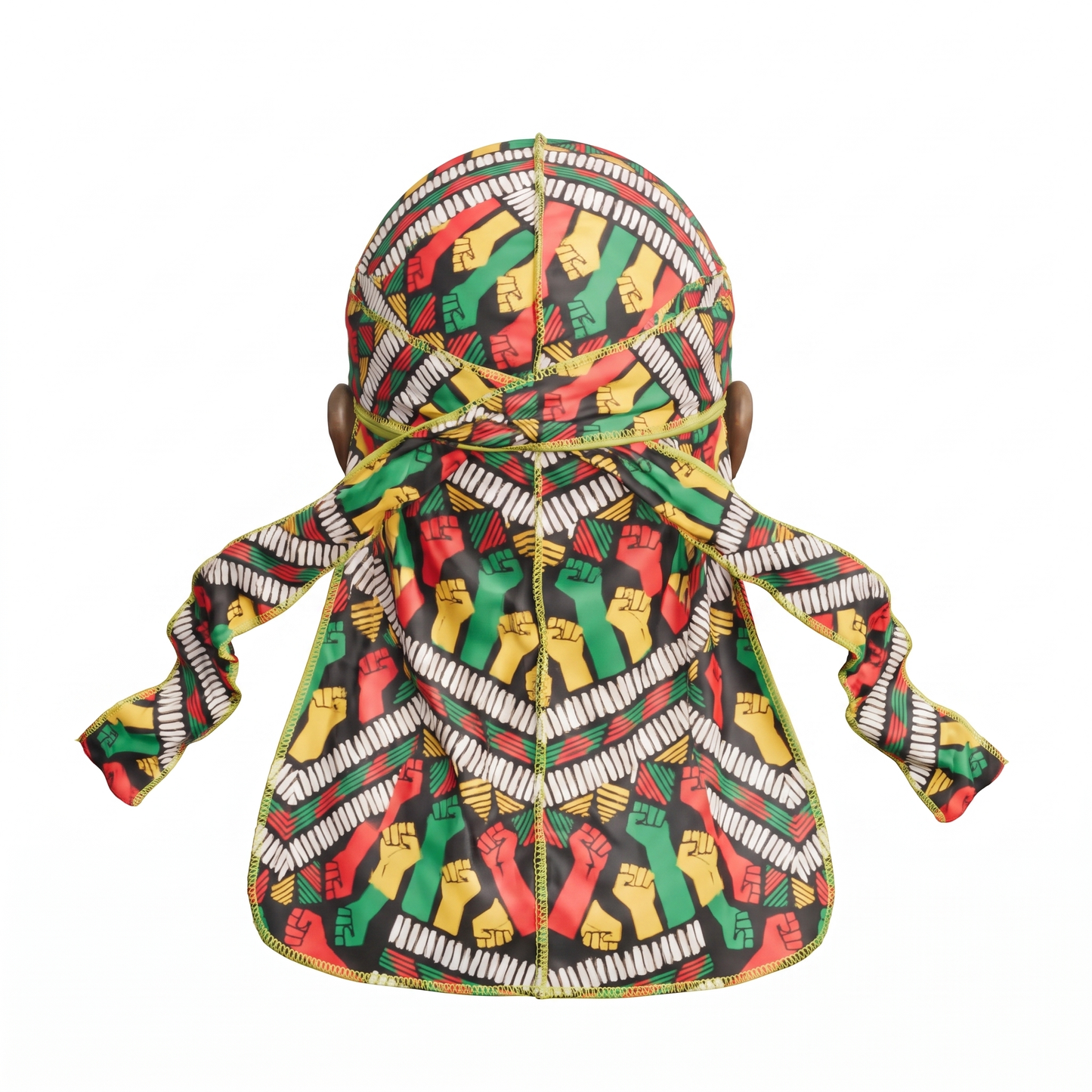 Juneteenth 6.0 red black and green Satin Silky Durag - premium silky durag back view showing wrap straps, tail and stitching