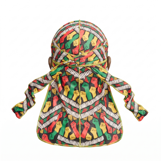 Juneteenth 6.0 red black and green Satin Silky Durag - premium silky durag back view showing wrap straps, tail and stitching