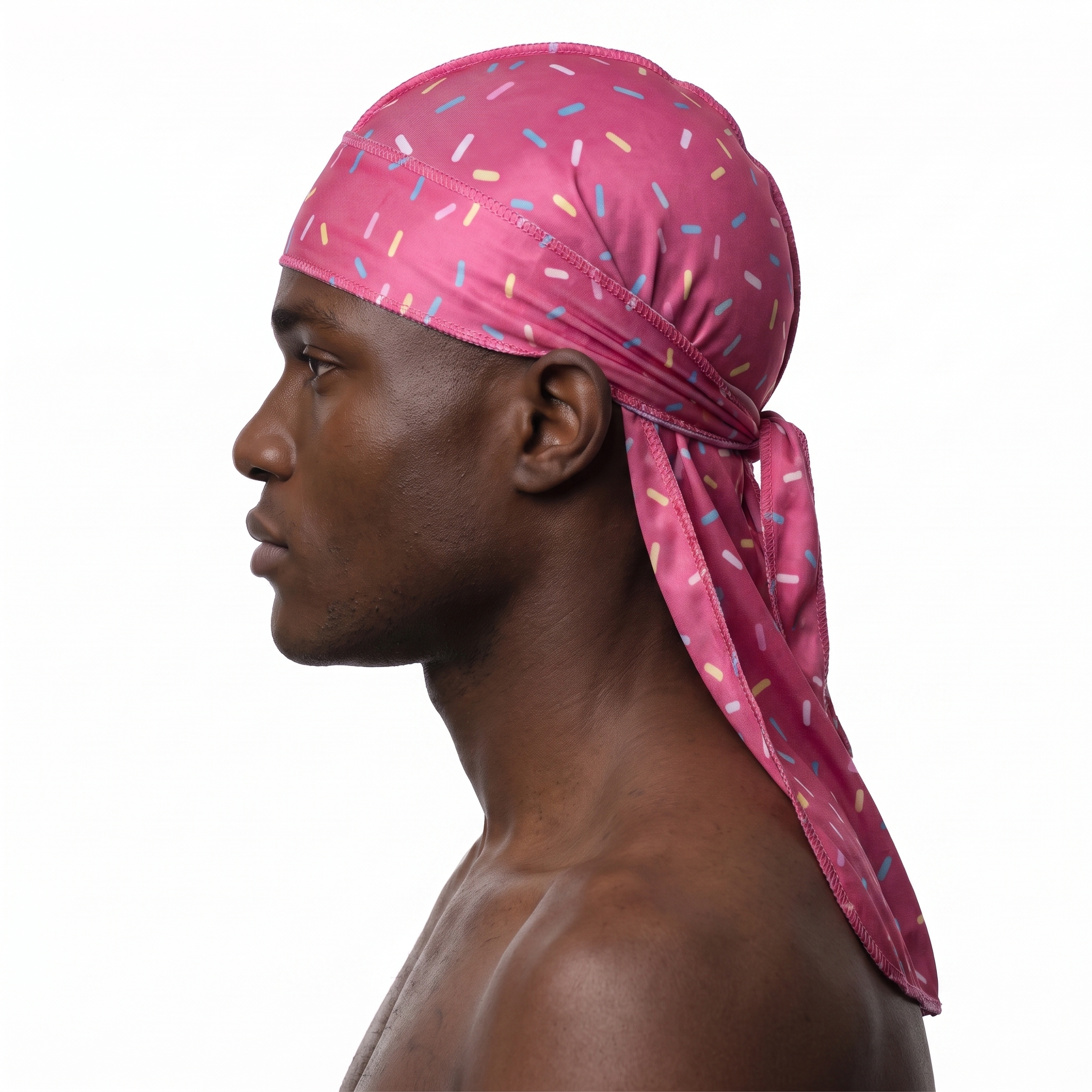 Dark pink ice cream sprinkle Satin Silky Durag worn by male model, side profile showing fit and tail drape