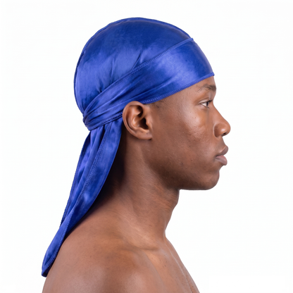 Premium Silk Durag Persian Blue worn by male model, side profile showing fit and tail drape