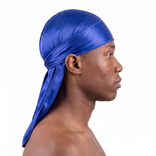 Premium Silk Durag Persian Blue worn by male model, side profile showing fit and tail drape
