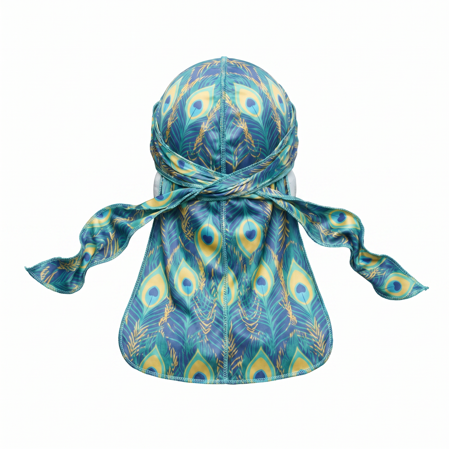 Peacock Bright feather Satin Silky Durag - premium silky durag back view showing wrap straps, tail and stitching