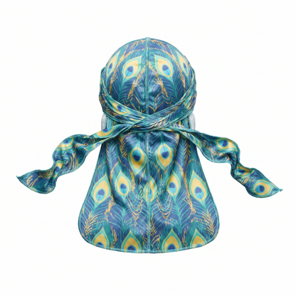 Peacock Bright feather Satin Silky Durag - premium silky durag back view showing wrap straps, tail and stitching