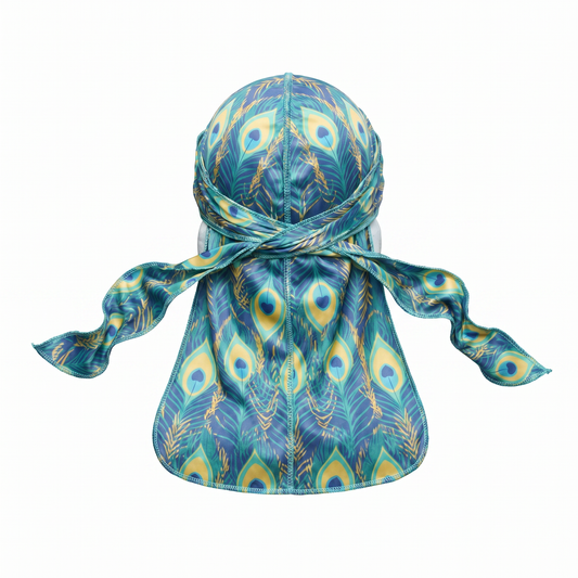 Peacock Bright feather Satin Silky Durag - premium silky durag back view showing wrap straps, tail and stitching