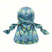 Peacock Bright feather Satin Silky Durag - premium silky durag back view showing wrap straps, tail and stitching