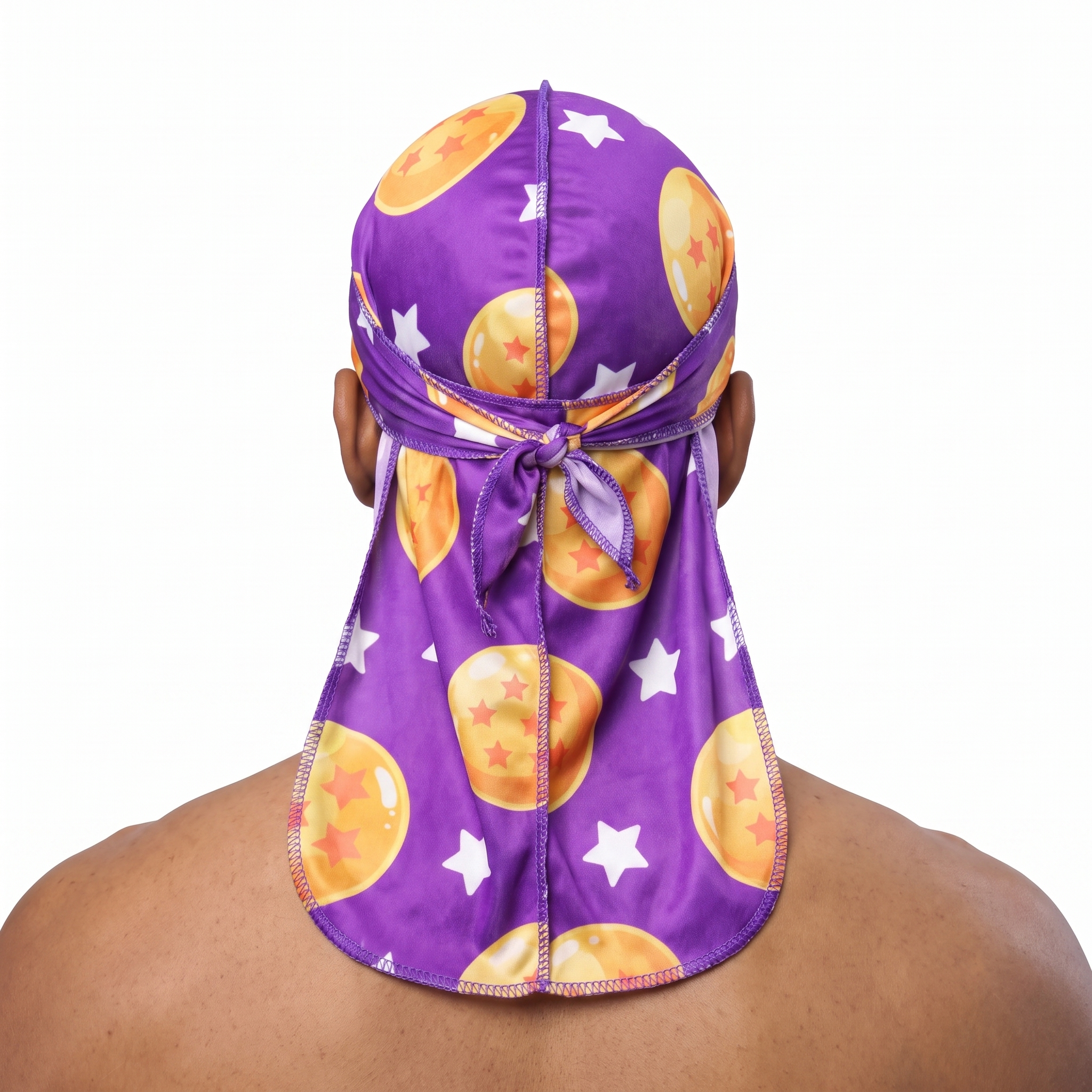 Dragon Ball Z Purple Satin Silky Durag worn by male model, back view showing tied wrap and tail