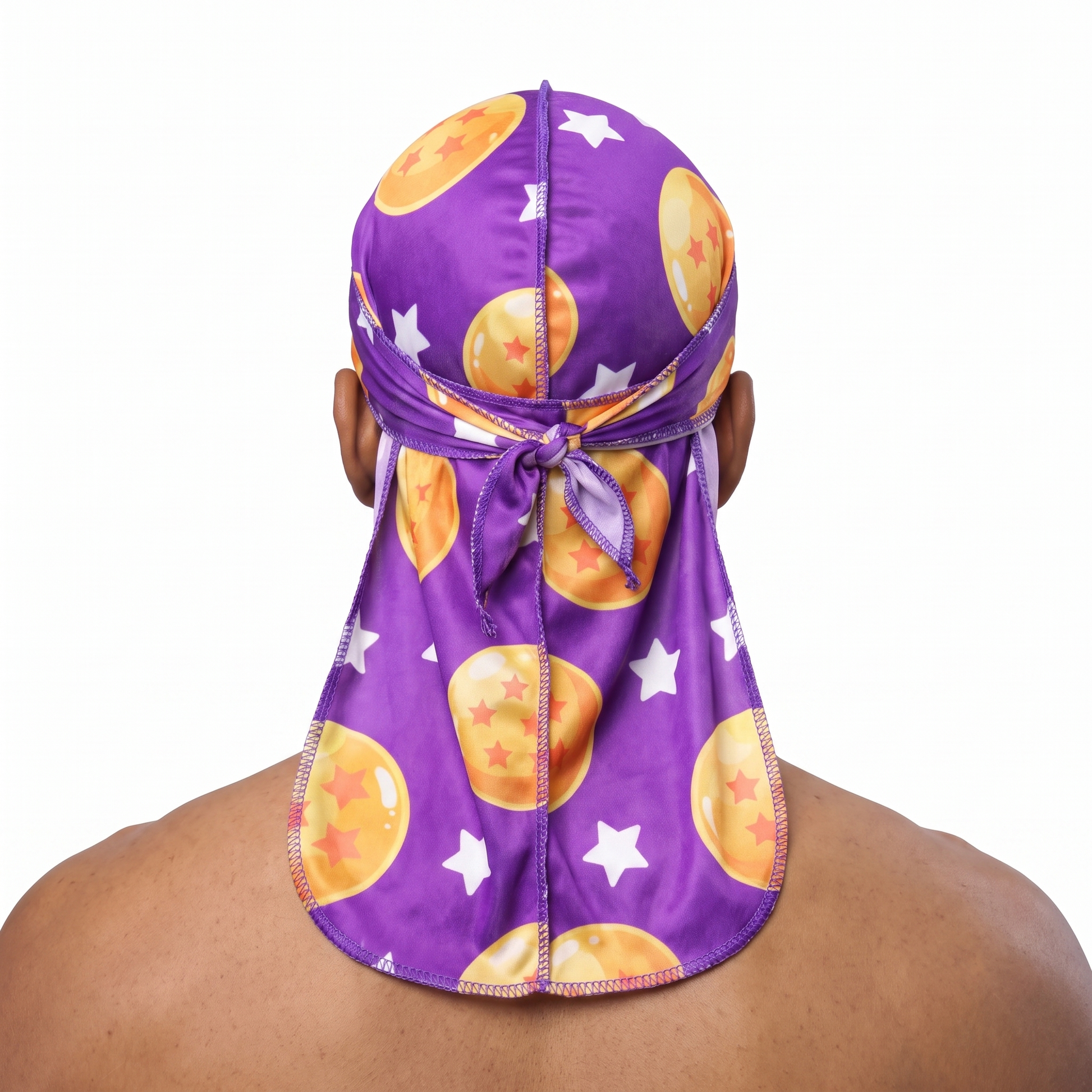 Dragon Ball Z Purple Satin Silky Durag worn by male model, back view showing tied wrap and tail