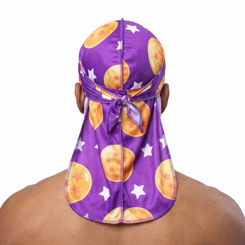 Dragon Ball Z Purple Satin Silky Durag worn by male model, back view showing tied wrap and tail