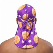 Dragon Ball Z Purple Satin Silky Durag worn by male model, back view showing tied wrap and tail