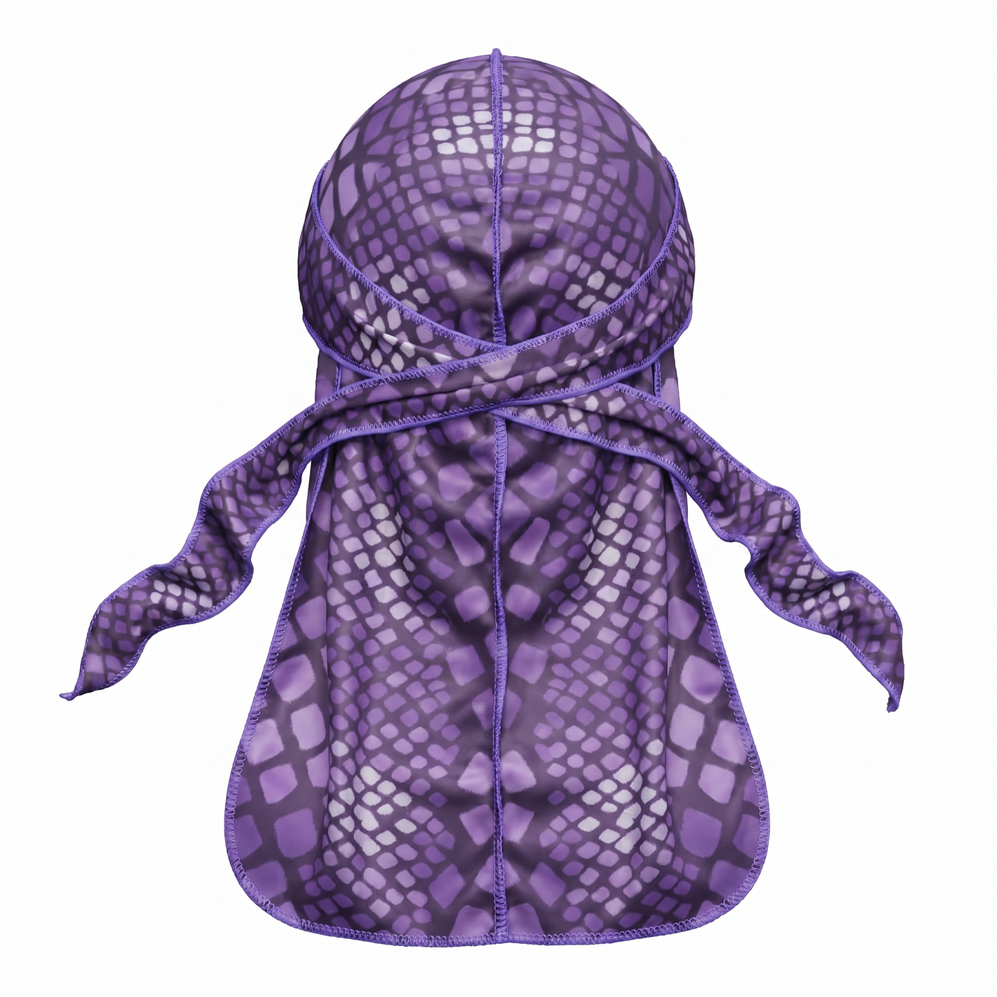 Purple reptile snakeskin Satin Silky Durag - premium silky durag back view showing wrap straps, tail and stitching