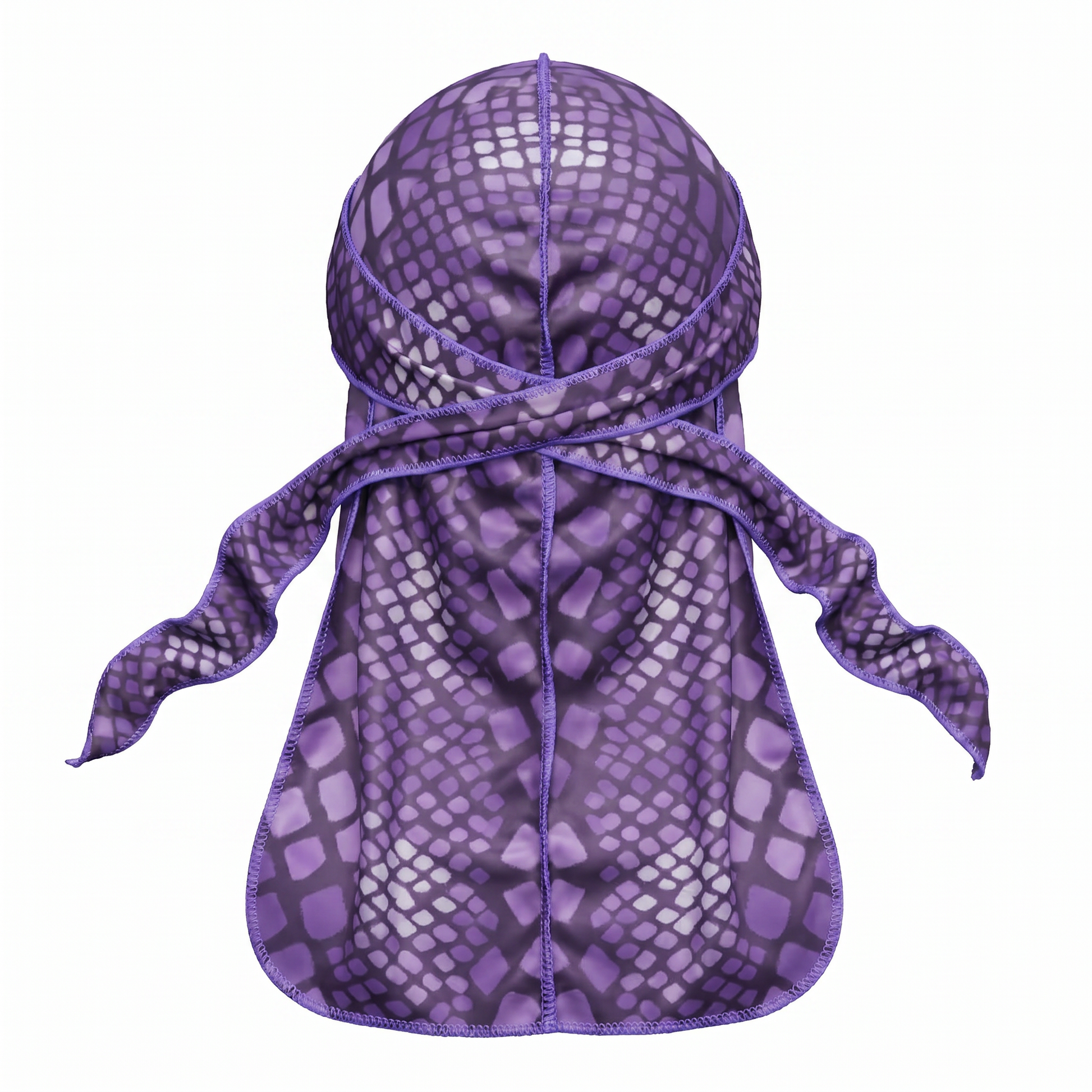 Purple reptile snakeskin Satin Silky Durag - premium silky durag back view showing wrap straps, tail and stitching