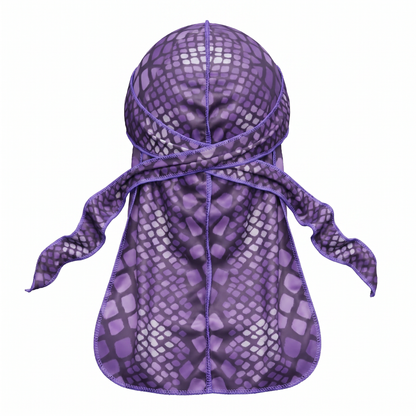Purple reptile snakeskin Satin Silky Durag - premium silky durag back view showing wrap straps, tail and stitching