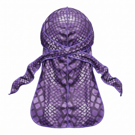 Purple reptile snakeskin Satin Silky Durag - premium silky durag back view showing wrap straps, tail and stitching
