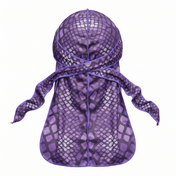 Purple reptile snakeskin Satin Silky Durag - premium silky durag back view showing wrap straps, tail and stitching