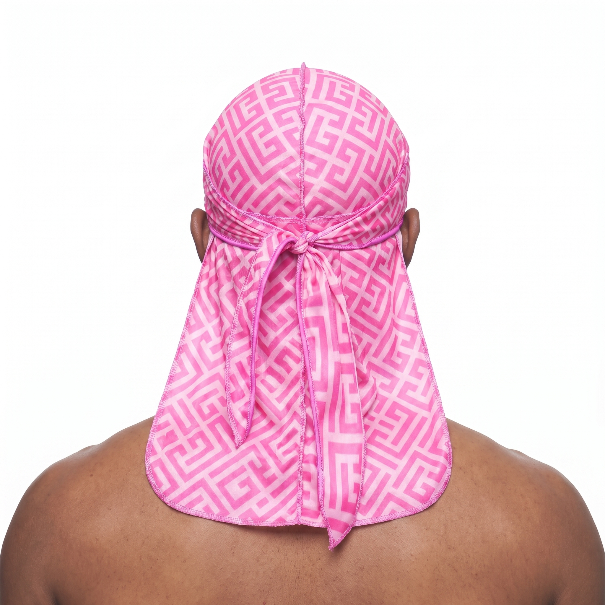 Pink Maze geometric Satin Silky Durag worn by male model, back view showing tied wrap and tail