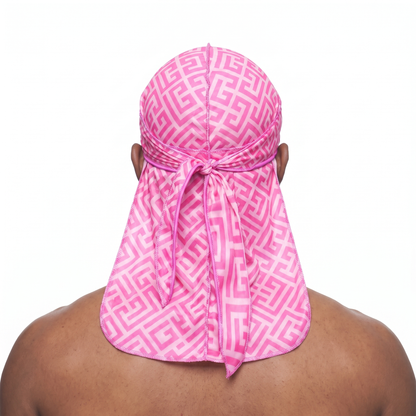 Pink Maze geometric Satin Silky Durag worn by male model, back view showing tied wrap and tail