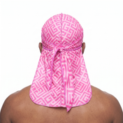 Pink Maze geometric Satin Silky Durag worn by male model, back view showing tied wrap and tail