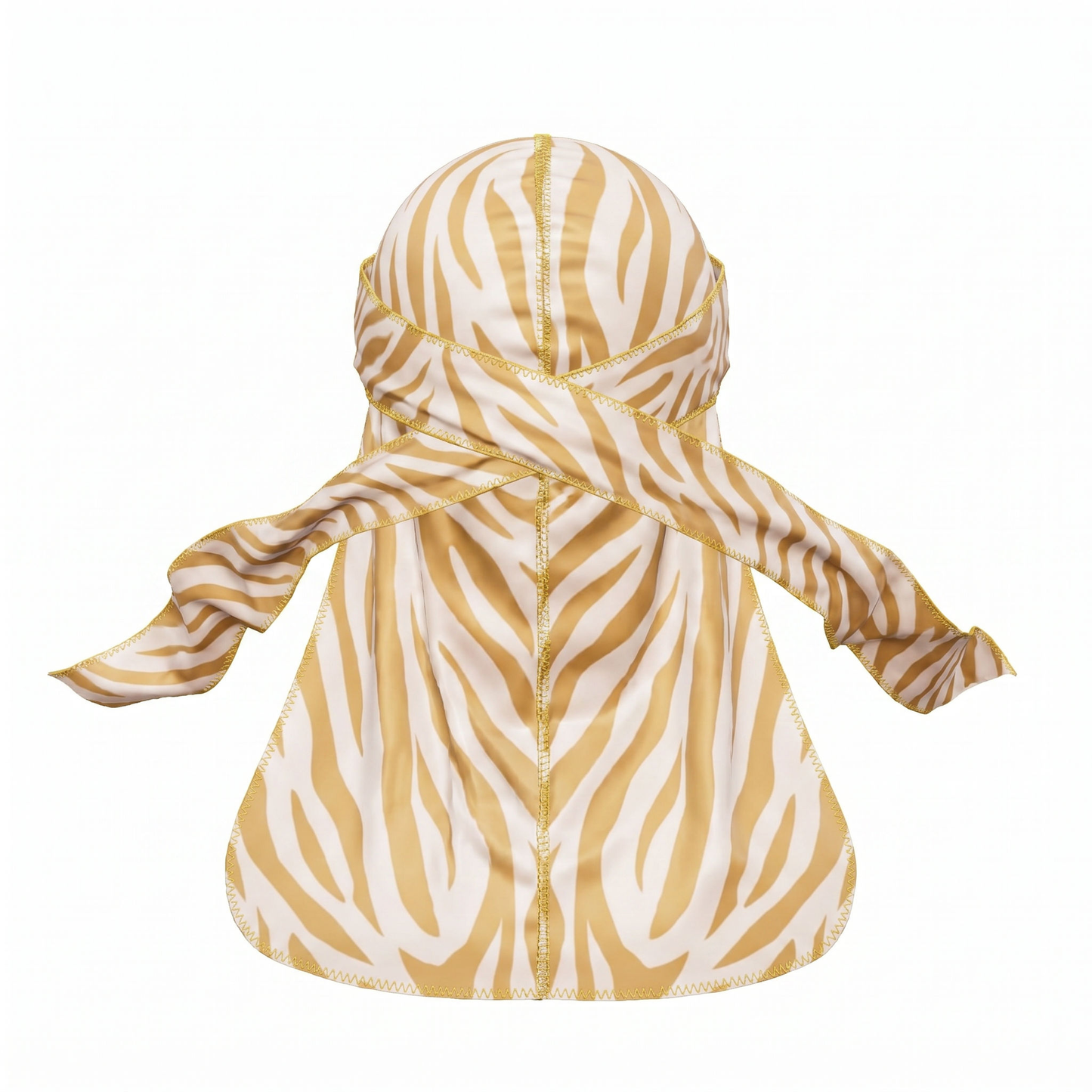 Zebra Cream animal print Satin Silky Durag - premium silky durag back view showing wrap straps, tail and stitching