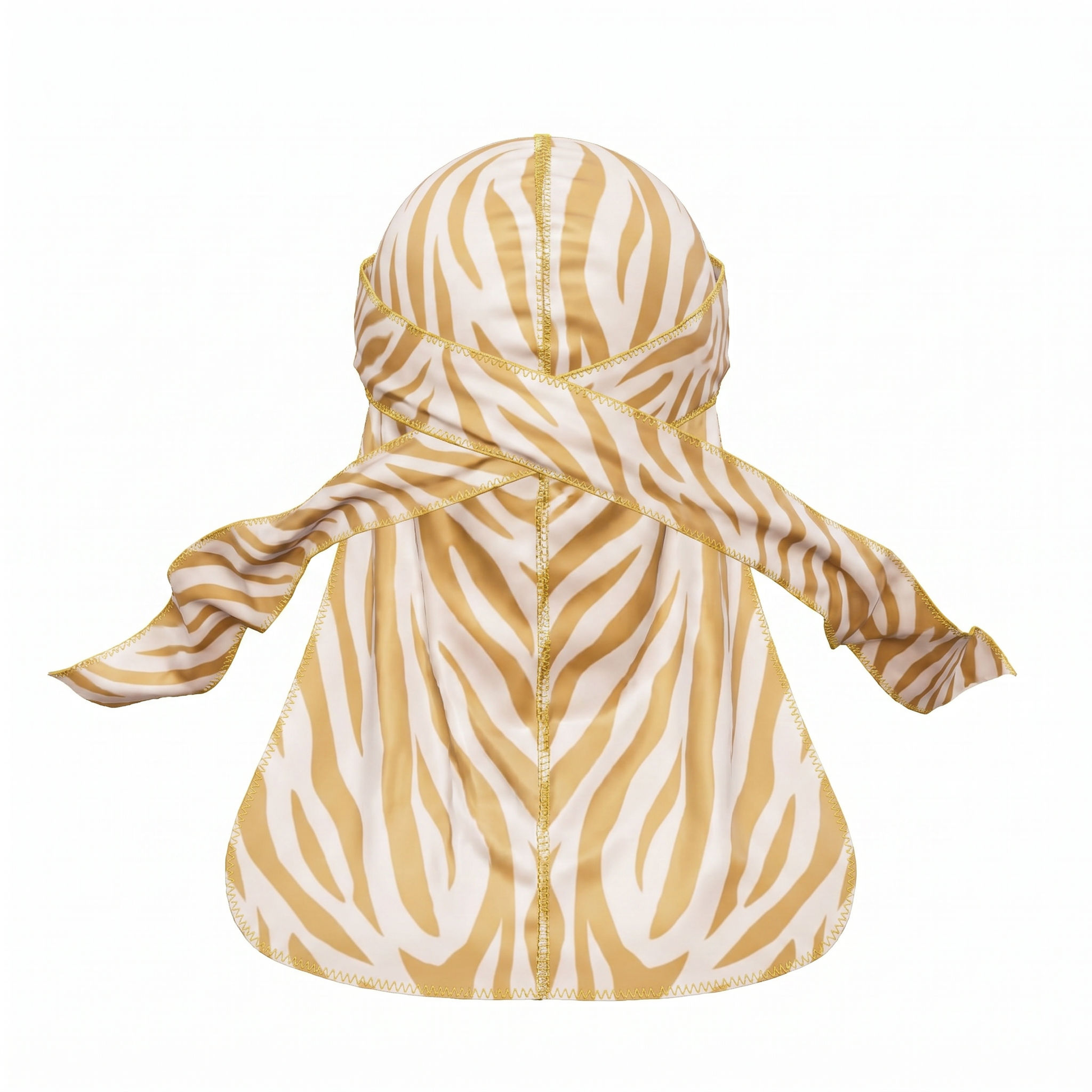 Zebra Cream animal print Satin Silky Durag - premium silky durag back view showing wrap straps, tail and stitching