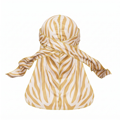 Zebra Cream animal print Satin Silky Durag - premium silky durag back view showing wrap straps, tail and stitching