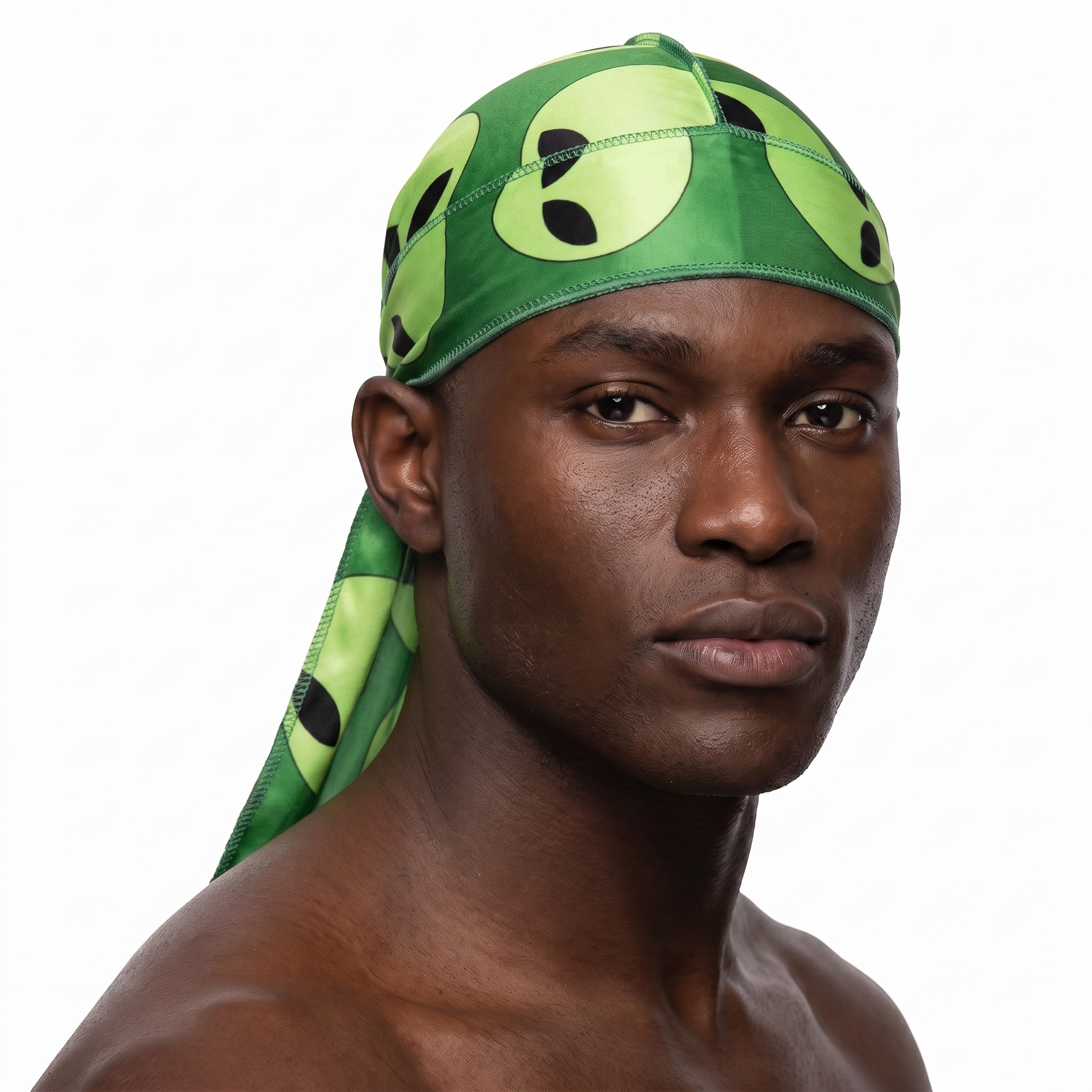 Alien Green graphic Satin Silky Durag worn by male model, front view on white background