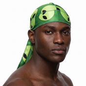 Alien Green graphic Satin Silky Durag worn by male model, front view on white background