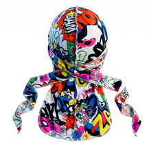 Elite Pattern White Comic Strip Durag - premium durag back view showing wrap straps, tail and stitching