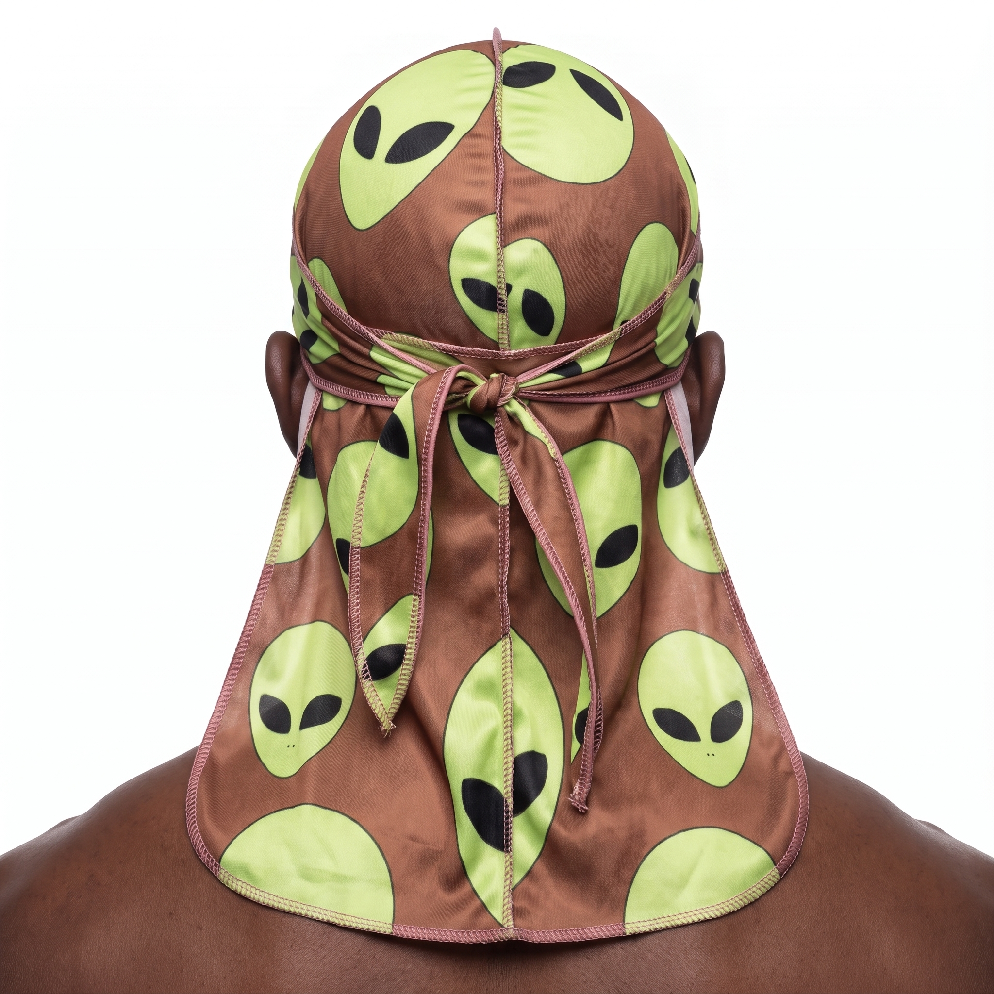 Alien Brown graphic Satin Silky Durag worn by male model, back view showing tied wrap and tail