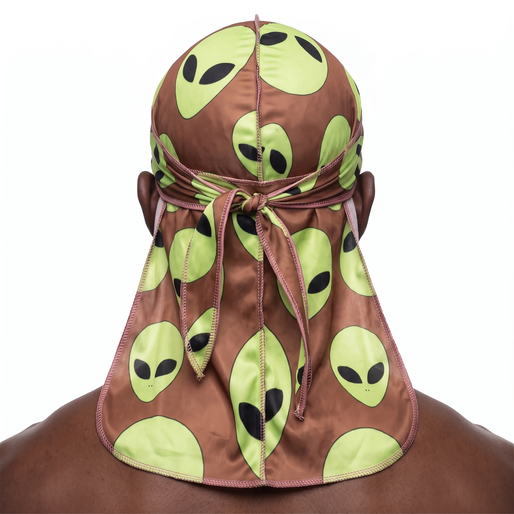 Alien Brown graphic Satin Silky Durag worn by male model, back view showing tied wrap and tail