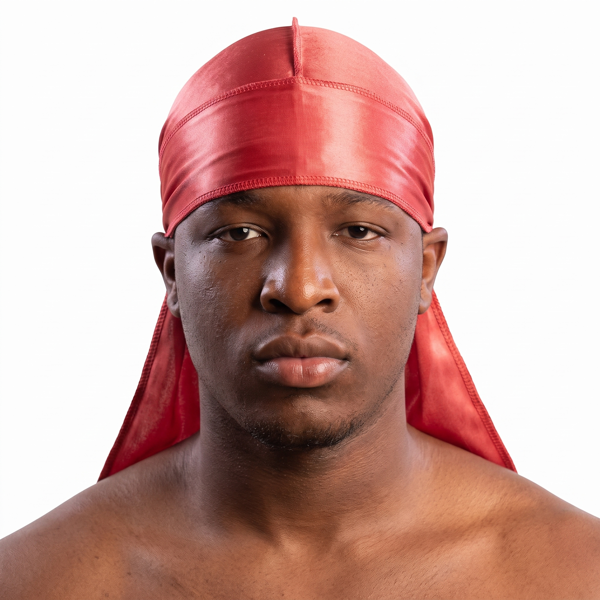 Premium Coral Red Silk Durag worn by male model, front view on white background