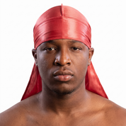 Premium Coral Red Silk Durag worn by male model, front view on white background