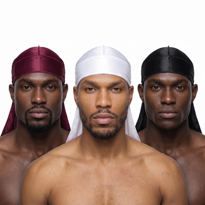 Premium Silk Durag Bundle Wine Red - three models wearing Wine Red, White and Black heavy silky durags