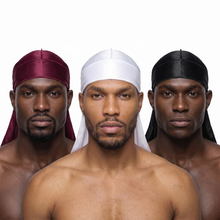 Premium Silk Durag Bundle Wine Red - three models wearing Wine Red, White and Black heavy silky durags
