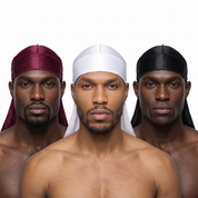 Premium Silk Durag Bundle Wine Red - three models wearing Wine Red, White and Black heavy silky durags