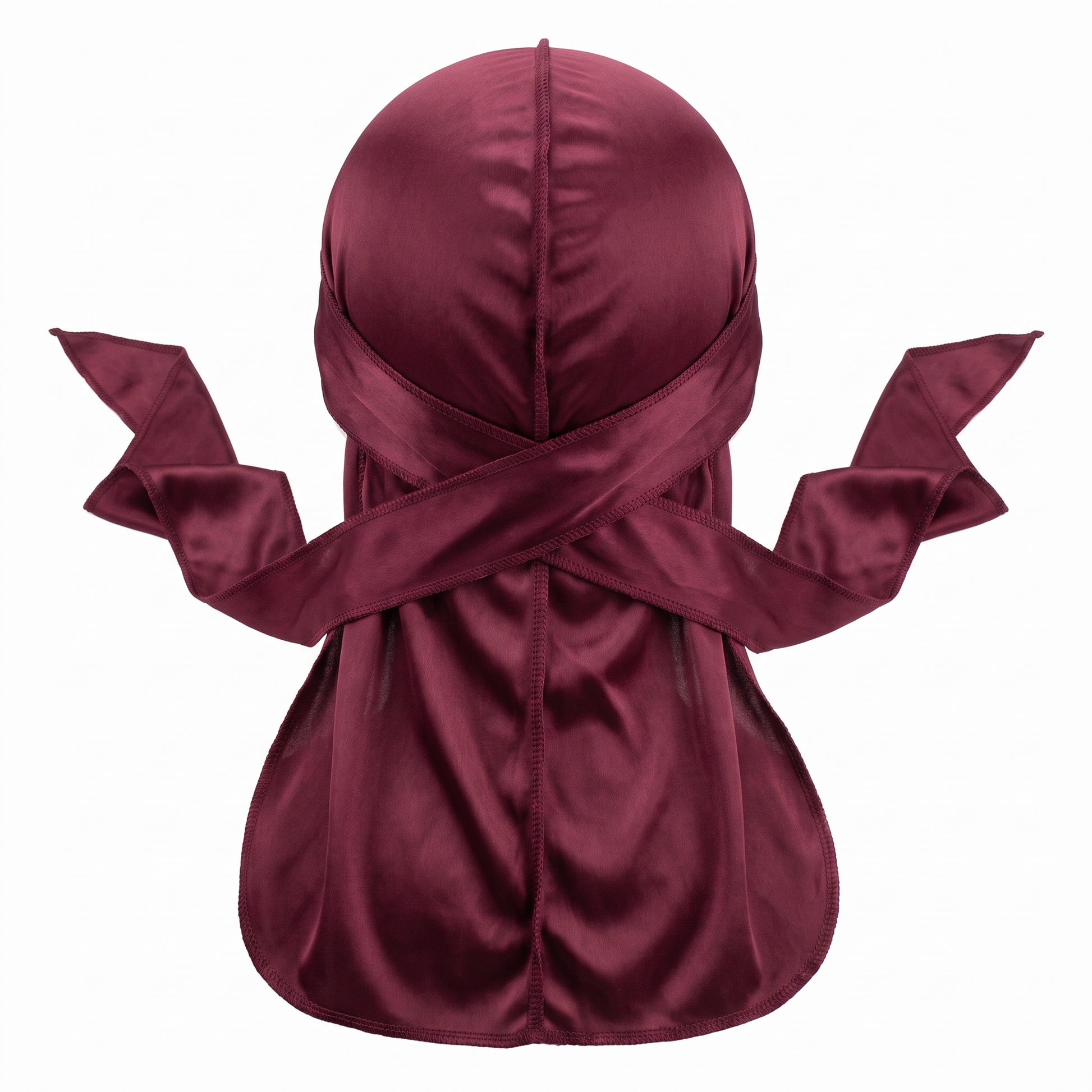 Premium Wine Red Silk Durag - premium heavy silky durag back view showing wrap straps, tail and stitching