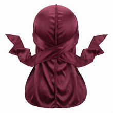 Premium Wine Red Silk Durag - premium heavy silky durag back view showing wrap straps, tail and stitching