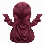 Premium Wine Red Silk Durag - premium heavy silky durag back view showing wrap straps, tail and stitching