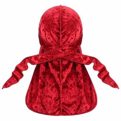 Premium Crushed Velvet Red Durag - premium velvet durag back view showing wrap straps, tail and stitching