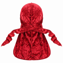 Premium Crushed Velvet Red Durag - premium velvet durag back view showing wrap straps, tail and stitching