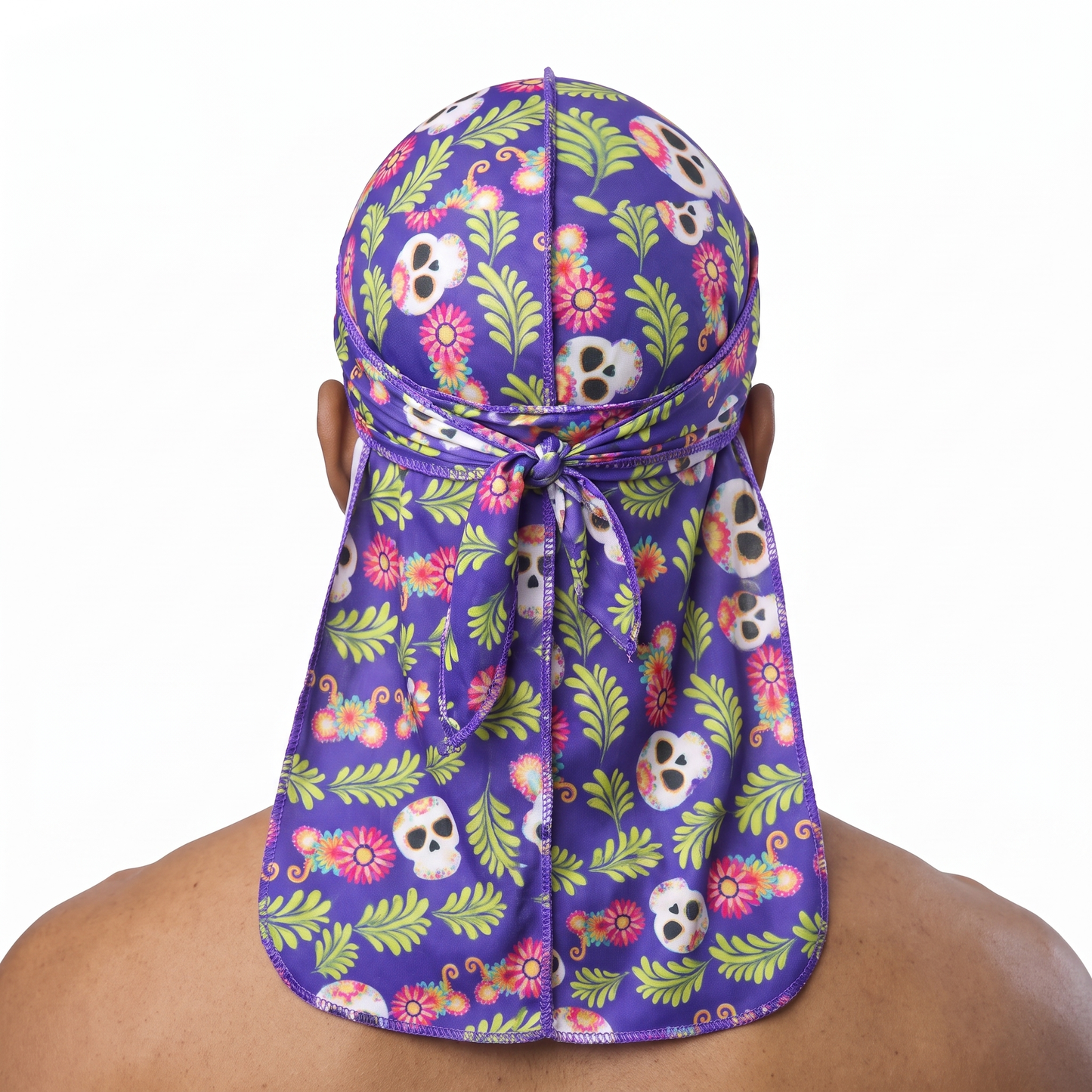 Cinco De Mayo 1.0 festive Satin Silky Durag worn by male model, back view showing tied wrap and tail